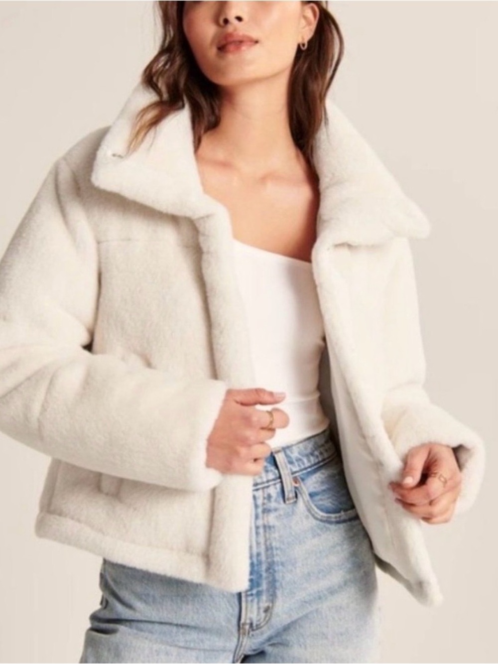 Abercrombie & Fitch Mini Puffer in Cream Faux Fur